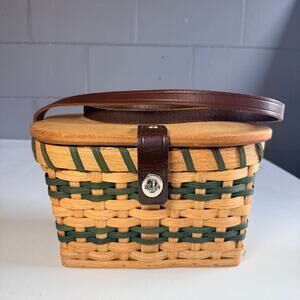 Vintage Woven Maple Wood Basket Purse with Leather Strap and Hardwood Lid